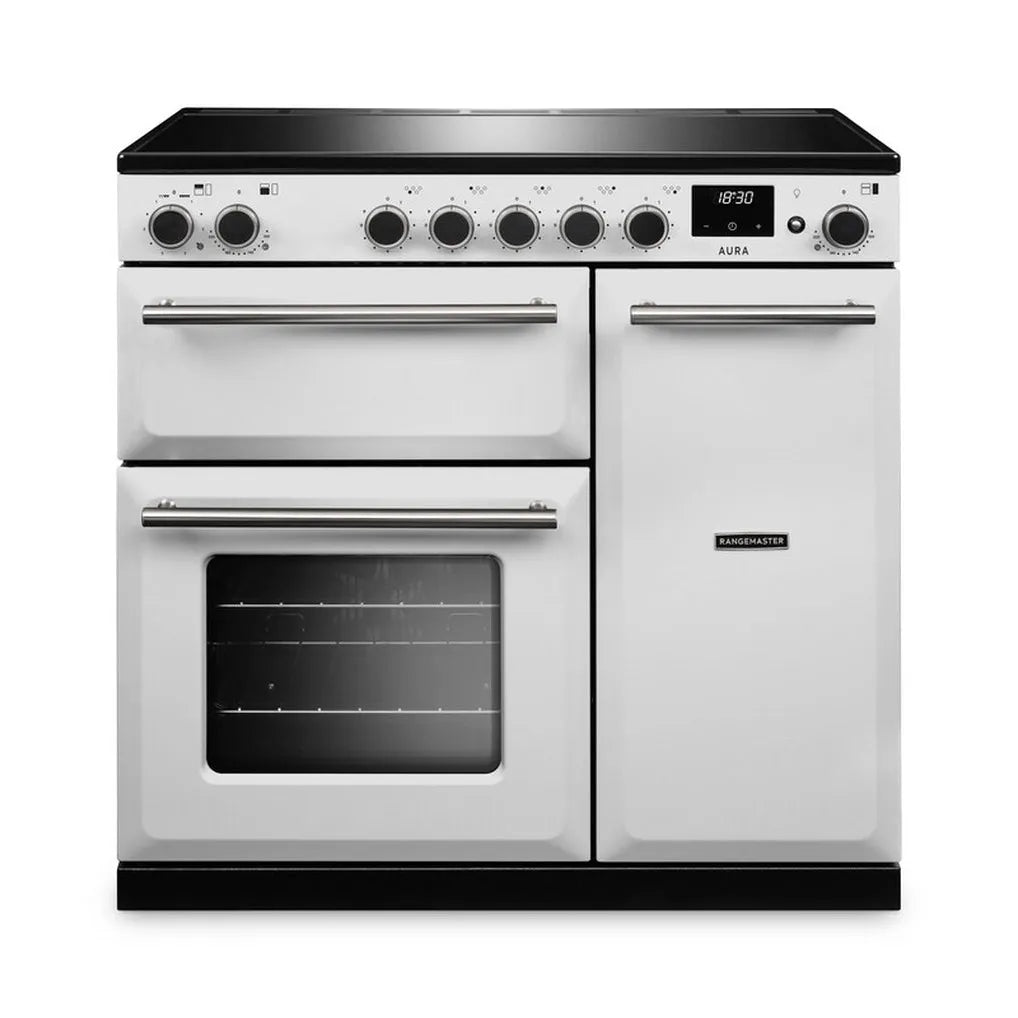 Rangemaster Aura AURA90EIPWHT/BN1 90cm Induction Range Cooker White (Paint) - Brushed Nickel