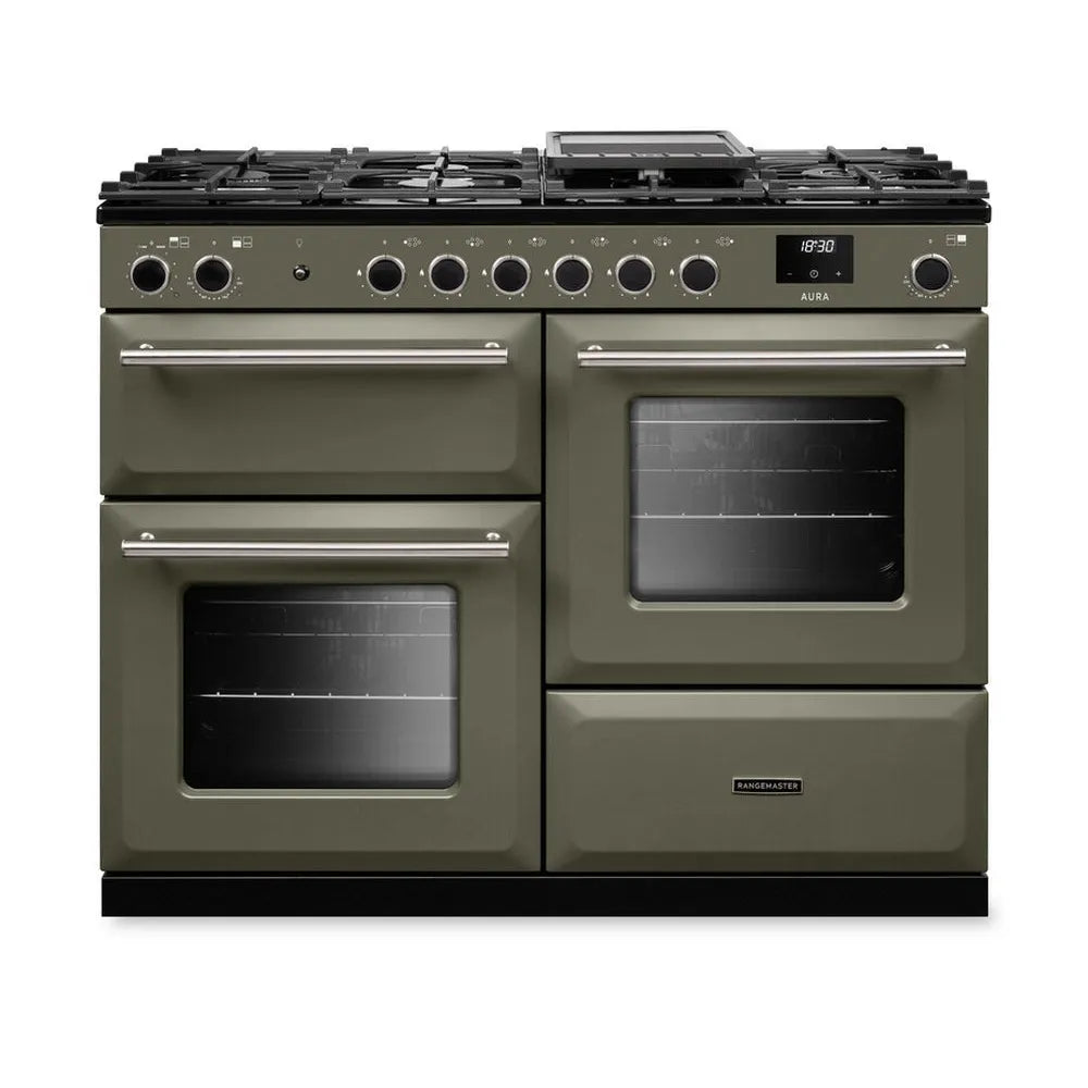 Rangemaster Aura 110cm Dual Fuel Range Cooker River Bed with Brushed Nickel trim